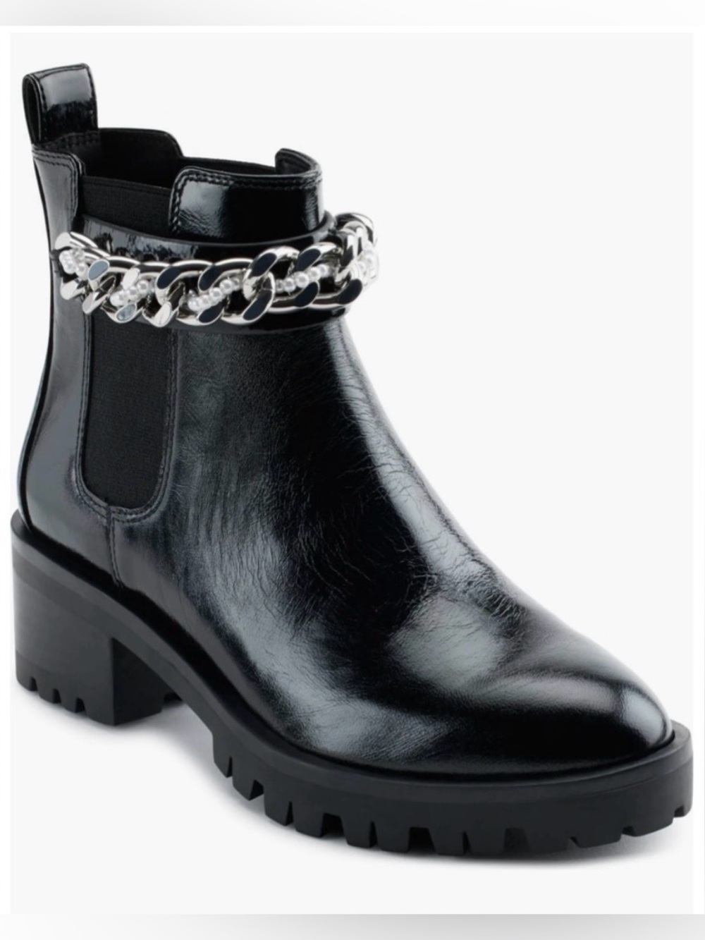 Karl Lagerfeld Porshay Black Patent Leather Silver Chain Ankle Bootie Shoes W7